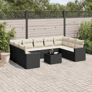 vidaXL 10-delige Loungeset met kussens poly rattan zwart