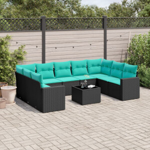 vidaXL 10-delige Loungeset met kussens poly rattan zwart