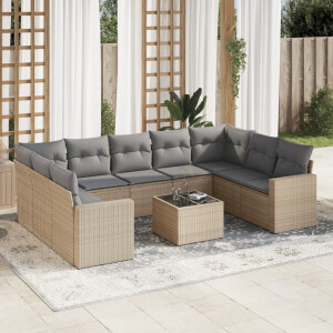 vidaXL 10-delige Loungeset met kussens poly rattan beige