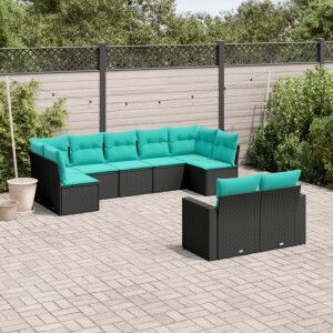 vidaXL 9-delige Loungeset met kussens poly rattan zwart