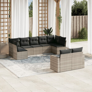 vidaXL 9-delige Loungeset met kussens poly rattan lichtgrijs