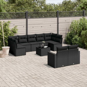 vidaXL 10-delige Loungeset met kussens poly rattan zwart