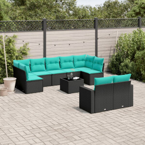 vidaXL 10-delige Loungeset met kussens poly rattan zwart