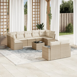 vidaXL 10-delige Loungeset met kussens poly rattan beige