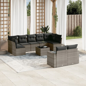 vidaXL 10-delige Loungeset met kussens poly rattan grijs
