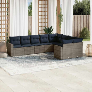 vidaXL 9-delige Loungeset met kussens poly rattan grijs