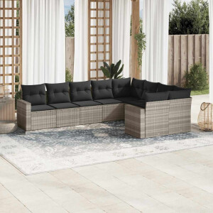 vidaXL 9-delige Loungeset met kussens poly rattan lichtgrijs