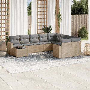 vidaXL 10-delige Loungeset met kussens poly rattan beige