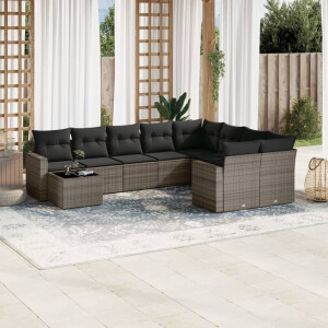 vidaXL 10-delige Loungeset met kussens poly rattan grijs