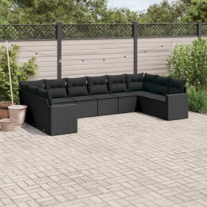 vidaXL 10-delige Loungeset met kussens poly rattan zwart