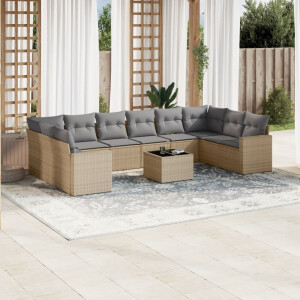 vidaXL 11-delige Tuinset met kussens poly rattan beige