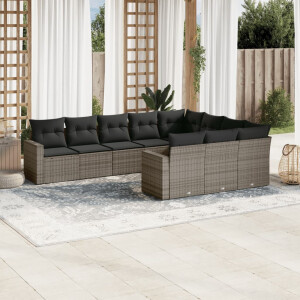 vidaXL 10-delige Loungeset met kussens poly rattan grijs