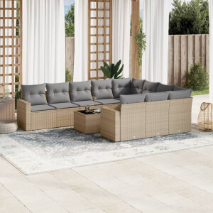 vidaXL 11-delige Tuinset met kussens poly rattan beige