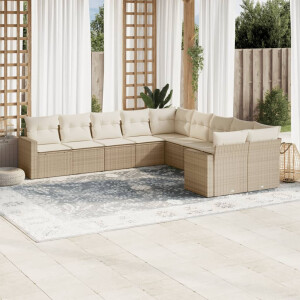 vidaXL 10-delige Loungeset met kussens poly rattan beige