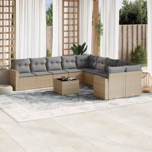 vidaXL 11-delige Tuinset met kussens poly rattan beige