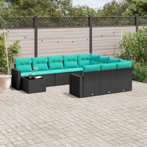 vidaXL 11-delige tuinbankset met kussens, zwart polyrotan