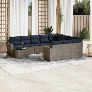 vidaXL 11-delige tuinbankset met kussens, grijs polyrotan