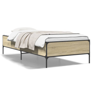vidaXL Bedframe bewerkt hout en metaal sonoma eikenkleurig 75x190 cm