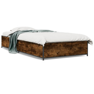 vidaXL Bedframe bewerkt hout en metaal gerookt eikenkleurig 100x200 cm