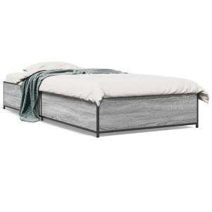 vidaXL Bedframe bewerkt hout en metaal grijs sonoma eiken 75x190 cm