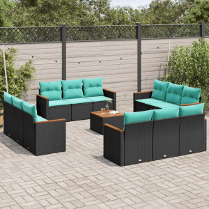 vidaXL 13-delige tuinbankset met kussens van zwart polyrotan