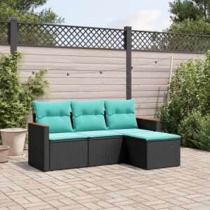 vidaXL 4-delige tuinbankset met kussens, zwart polyrotan