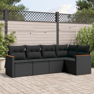 vidaXL 5-delige Loungeset met kussens poly rattan zwart