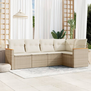 vidaXL 5-delige Loungeset met kussens poly rattan beige