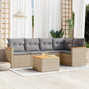 vidaXL 6-delige Loungeset met kussens poly rattan gemengd beige