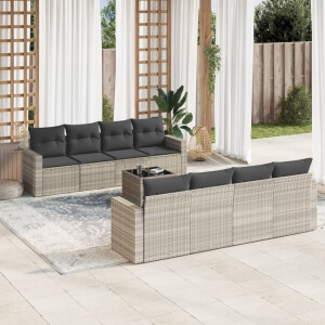 vidaXL 9-delige Loungeset met kussens poly rattan lichtgrijs
