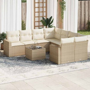 vidaXL 9-delige Loungeset met kussens poly rattan beige