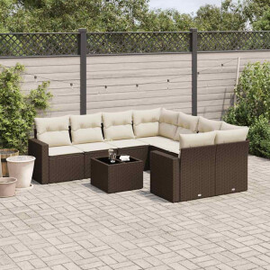 vidaXL 9-delige Loungeset met kussens poly rattan bruin