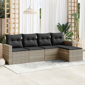 vidaXL 5-delige Loungeset met kussens poly rattan lichtgrijs