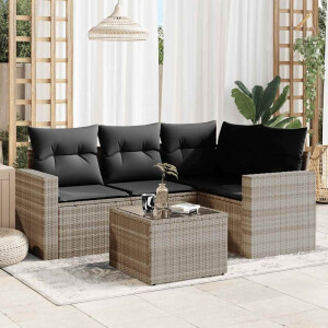 vidaXL 5-delige Loungeset met kussens poly rattan lichtgrijs