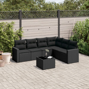 vidaXL 7-delige Loungeset met kussens poly rattan zwart