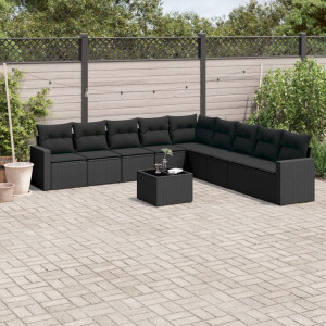 vidaXL 10-delige Loungeset met kussens poly rattan zwart