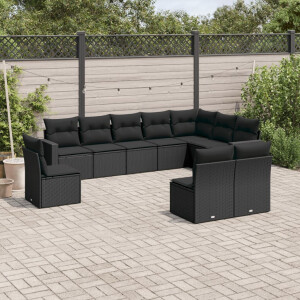 vidaXL 10-delige Loungeset met kussens poly rattan zwart