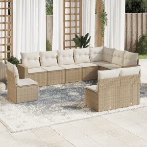 vidaXL 10-delige Loungeset met kussens poly rattan beige