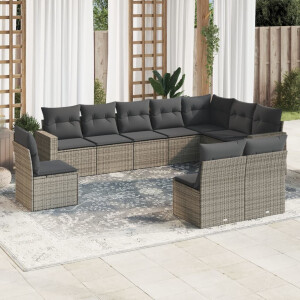 vidaXL 10-delige Loungeset met kussens poly rattan grijs