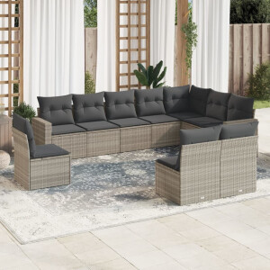 vidaXL 10-delige Loungeset met kussens poly rattan lichtgrijs