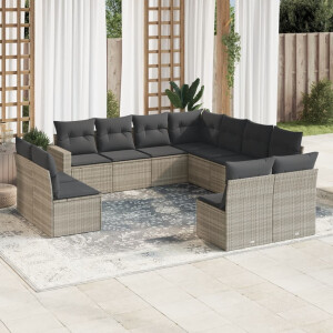 vidaXL 11-delige Loungeset met kussens poly rattan lichtgrijs