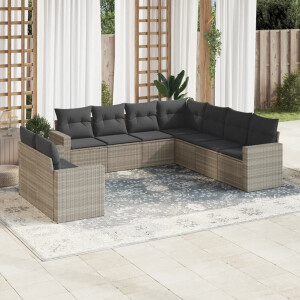 vidaXL 9-delige Loungeset met kussens poly rattan lichtgrijs