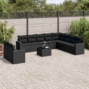 vidaXL 11-delige Loungeset met kussens poly rattan zwart