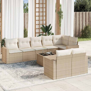 vidaXL 9-delige Loungeset met kussens poly rattan beige