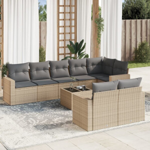 vidaXL 9-delige Loungeset met kussens poly rattan beige