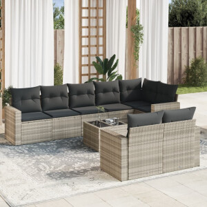 vidaXL 9-delige Loungeset met kussens poly rattan lichtgrijs