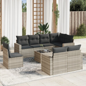 vidaXL 9-delige Loungeset met kussens poly rattan lichtgrijs