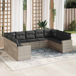 vidaXL 9-delige Loungeset met kussens poly rattan lichtgrijs