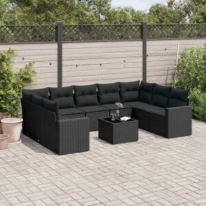 vidaXL 10-delige Loungeset met kussens poly rattan zwart