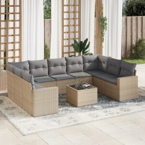 vidaXL 10-delige Loungeset met kussens poly rattan beige
